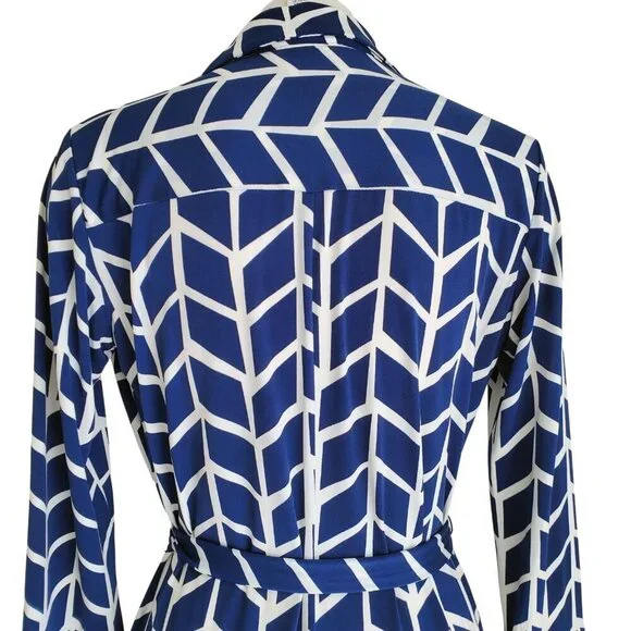 Donna Morgan Career Dress Blue & White Abstract Print with Self Tie Size 4 - Picture 4 of 16